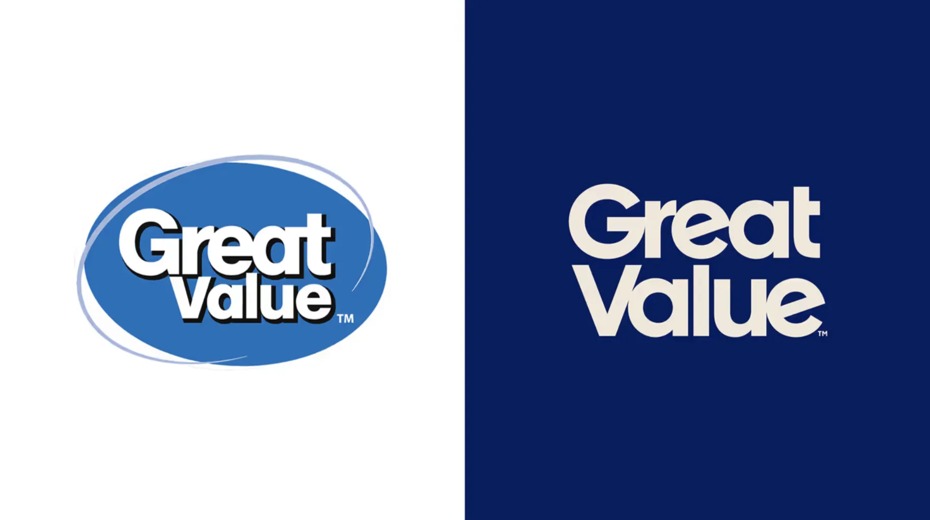 Logo Great Value avant et après : ancien badge ovale bleu contre nouveau wordmark serif épuré sur fond marine