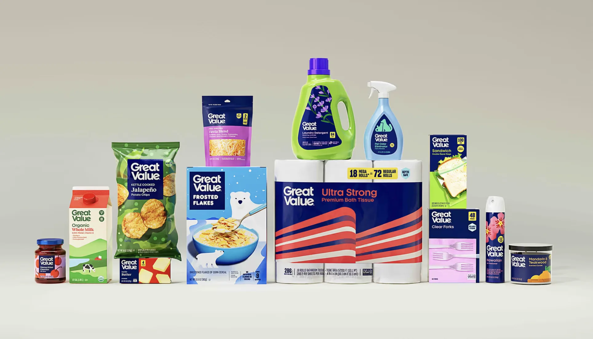 Gamme complète Great Value avec le nouveau packaging 2026, des snacks aux produits ménagers, montrant le système visuel unifié