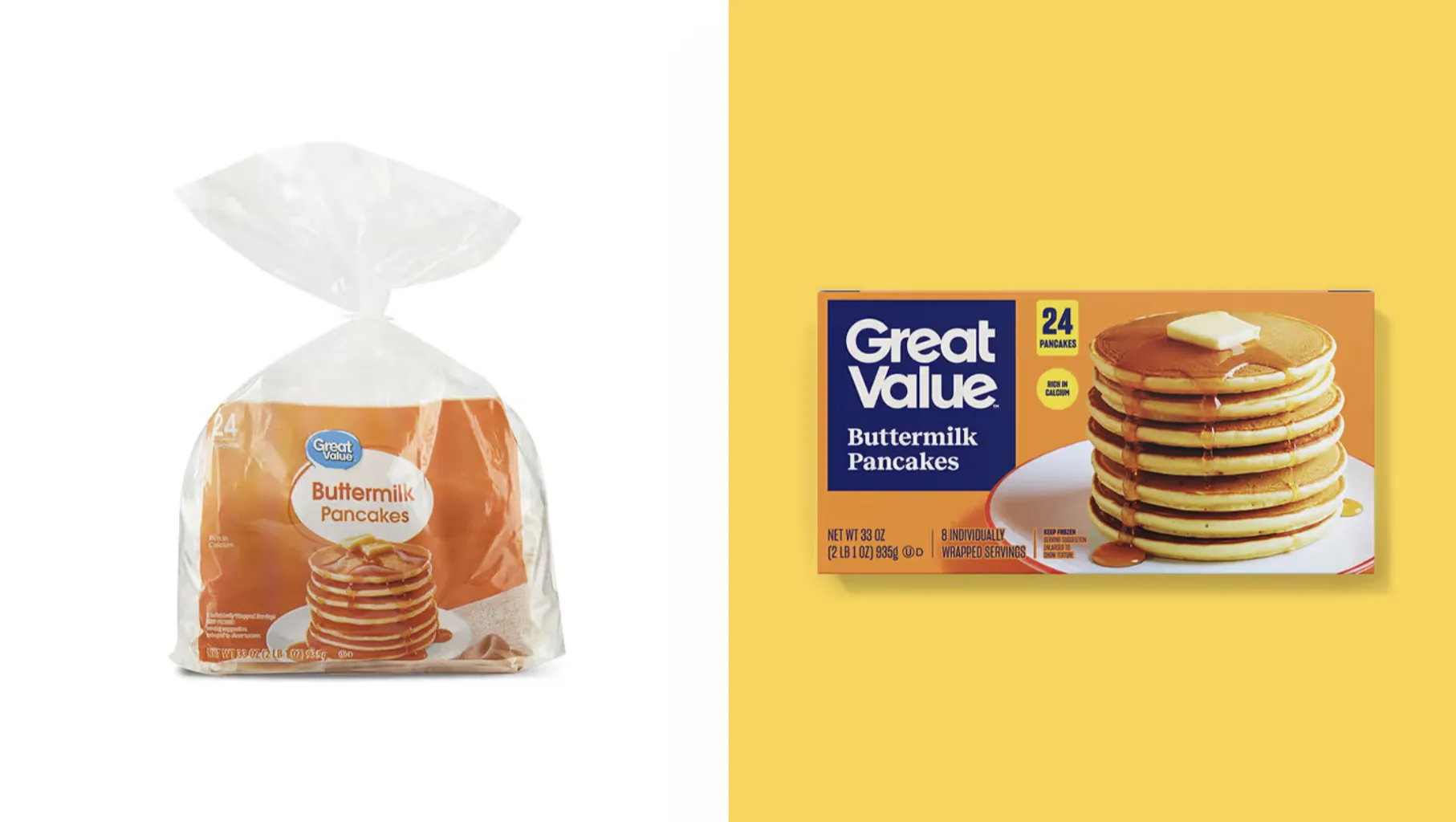 Great Value Buttermilk Pancakes avant et après : sachet plastique générique contre boîte structurée avec photo produit