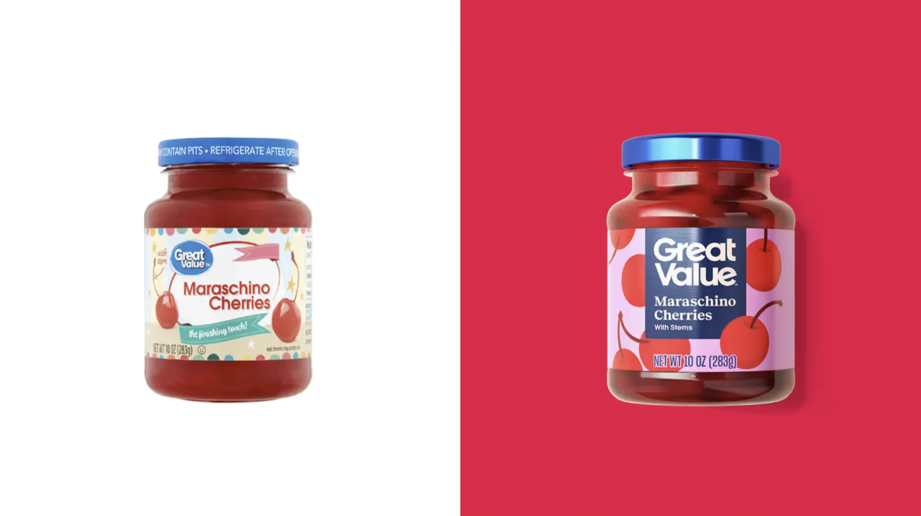 Great Value Maraschino Cherries avant et après : étiquette datée contre design moderne sur fond rouge