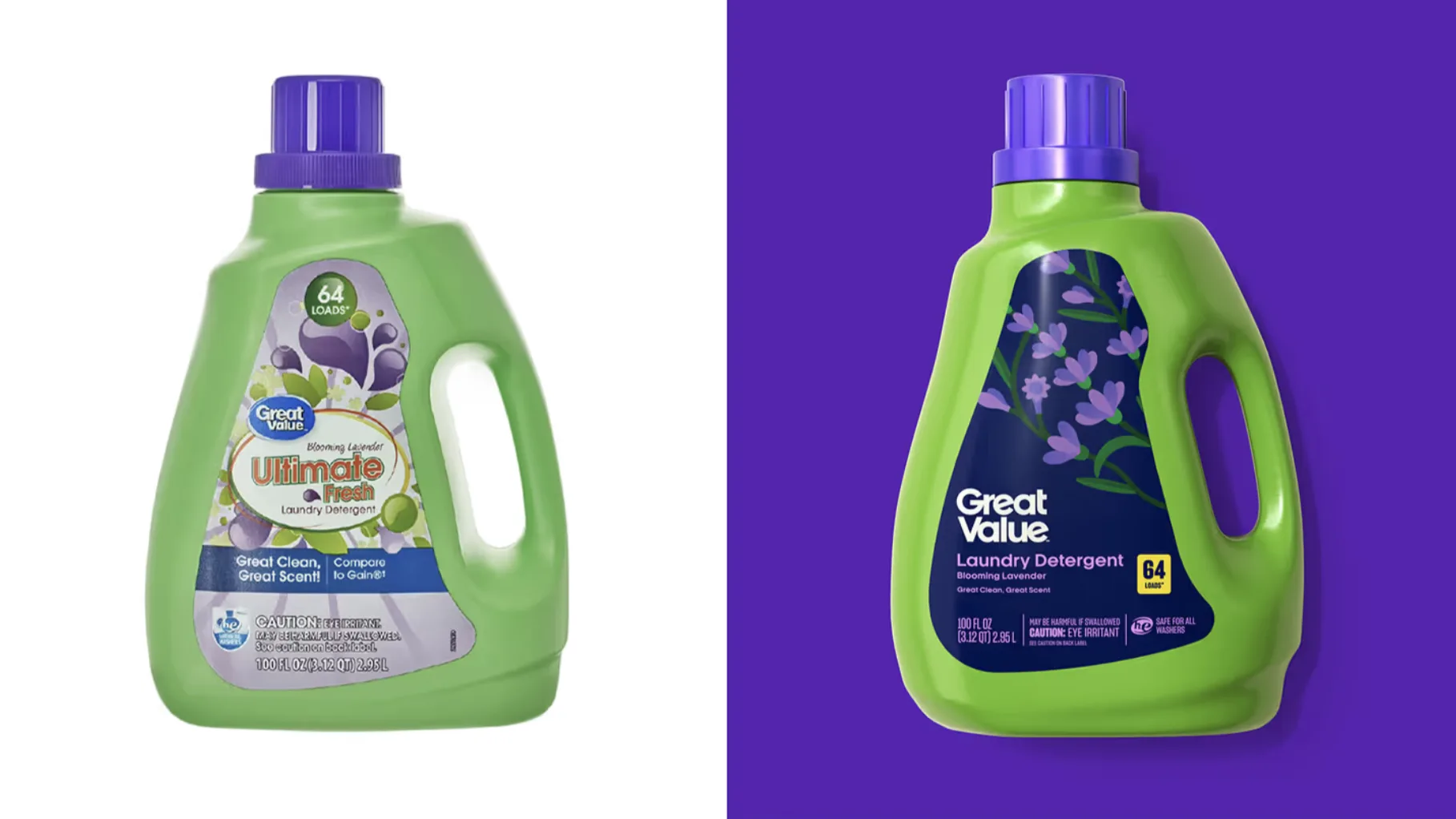 Great Value Lessive avant et après : étiquette surchargée contre design botanique épuré sur fond violet