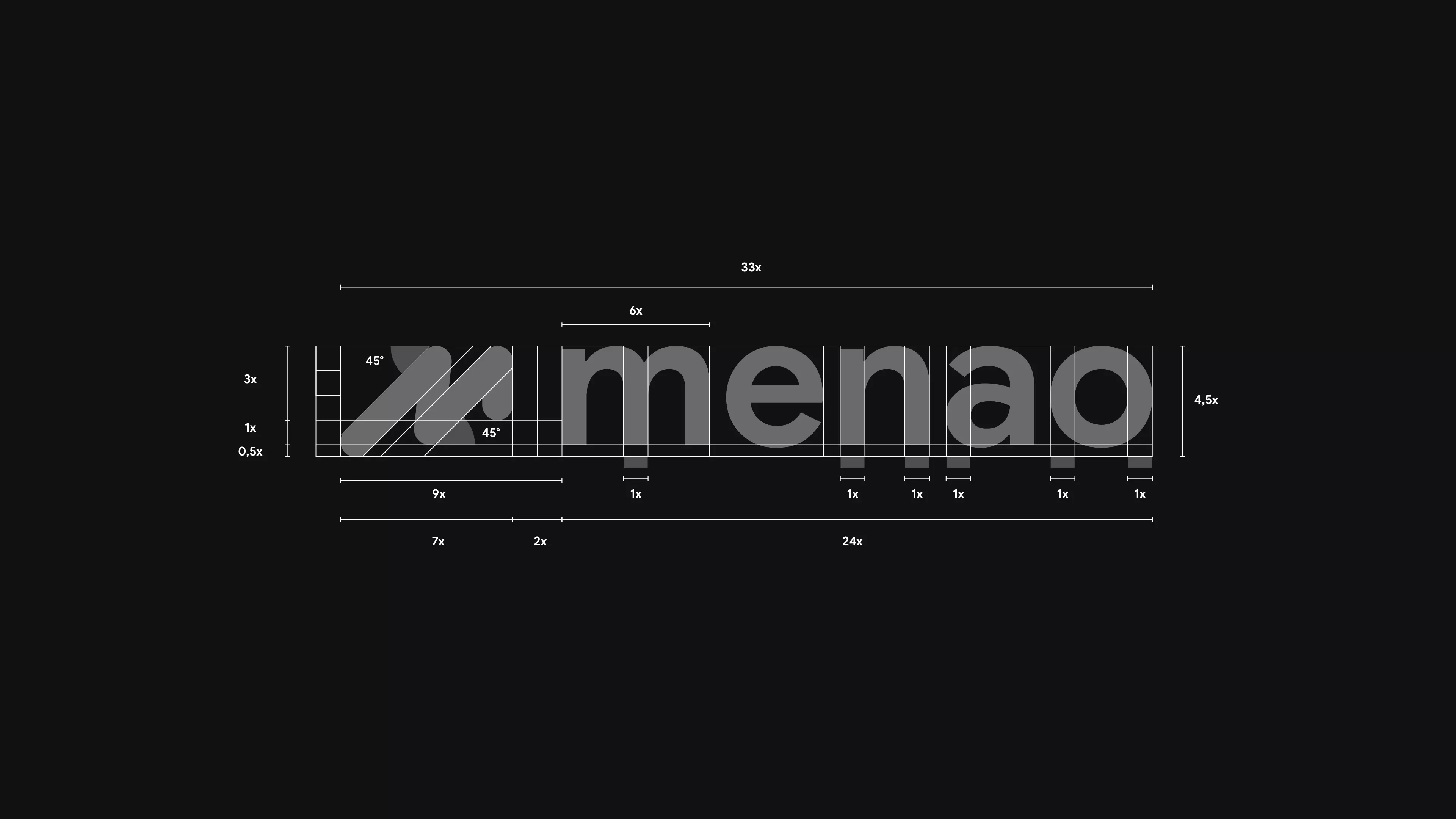 Menao® logo construction — modular x-based grid and proportional system for digital scalability