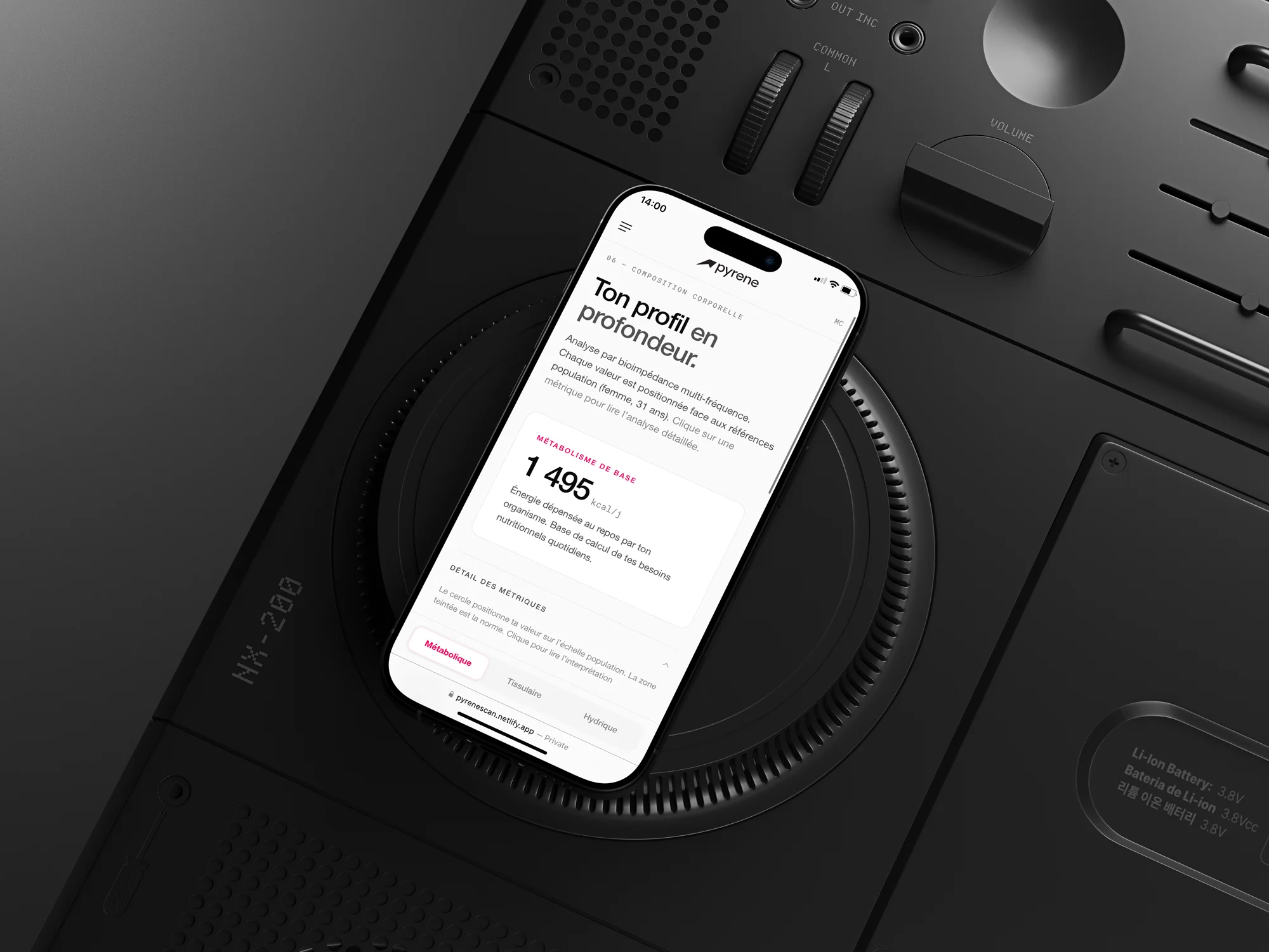 Pyrene® Scan Métabolique — détails d'interface, gros plan produit